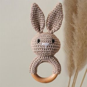 NWT Crochet Beige Bunny Rabbit Baby Rattle, Baby Gift, Baby Toy, Baby Teether